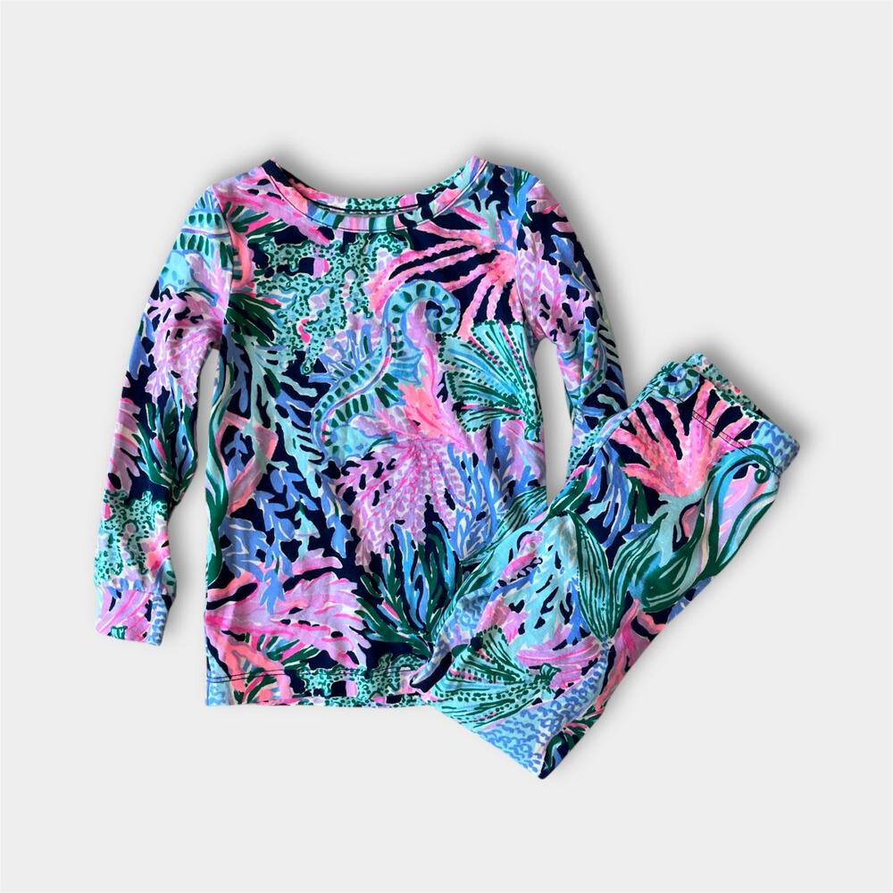 Lilly Pulitzer Girls Sammy Pajama Set Hi Tide Navy Bringing Mermaid Back 2T